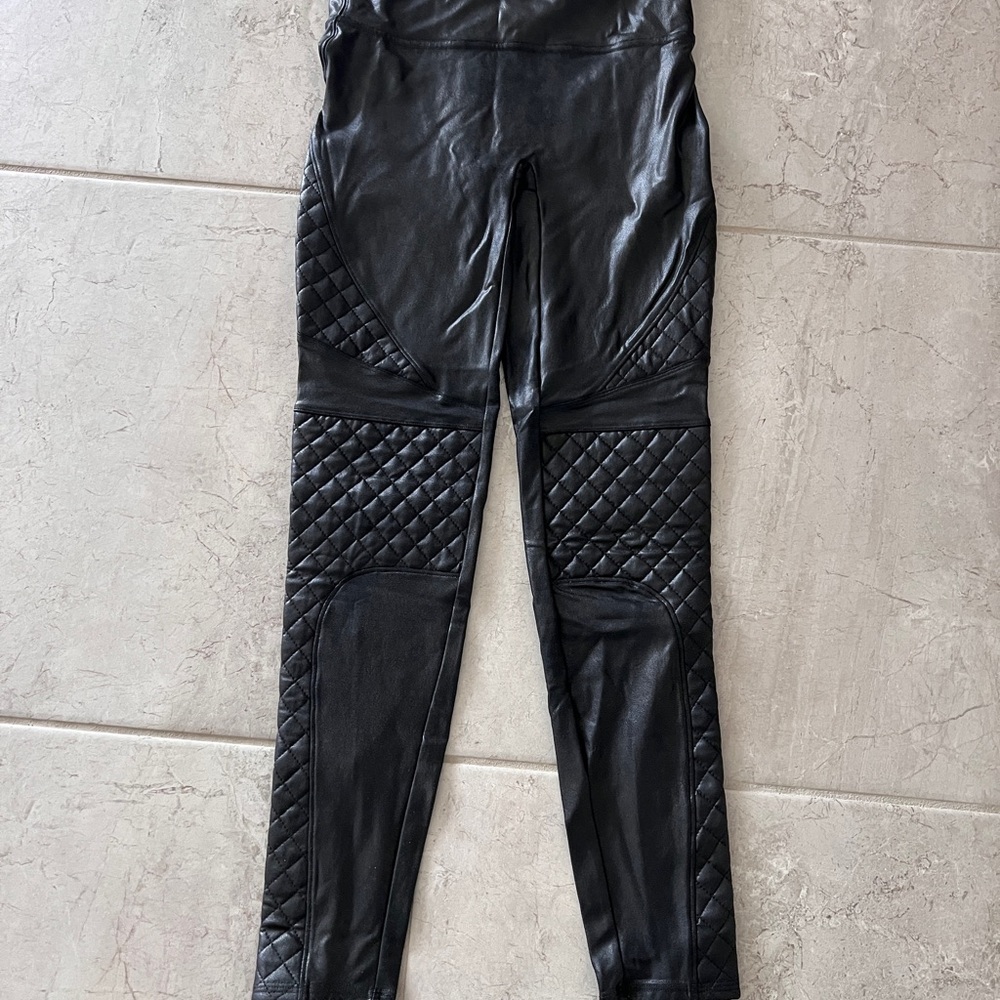 SPANX Black Quilted Moto Faux Leather Leggings - medium